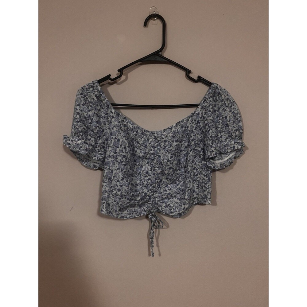 Hollister Women Dainty Floral Puff Sleeve Crop Top Off Shoulder Ruching Smocked